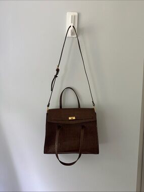 Mango Brown Croc-Embossed Structured Top-Handle Satchel